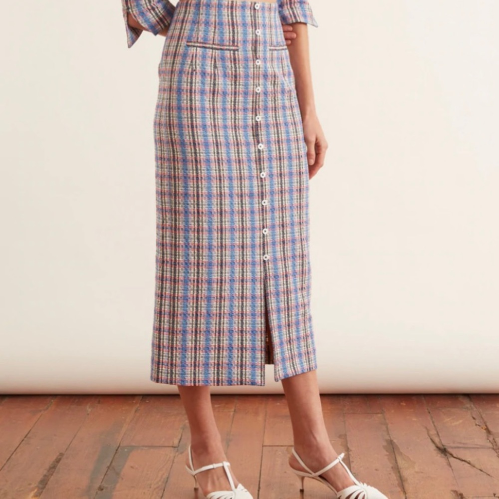Rosie Assoulin Button Down Pencil Skirt in Bubbly Tweed Plaid